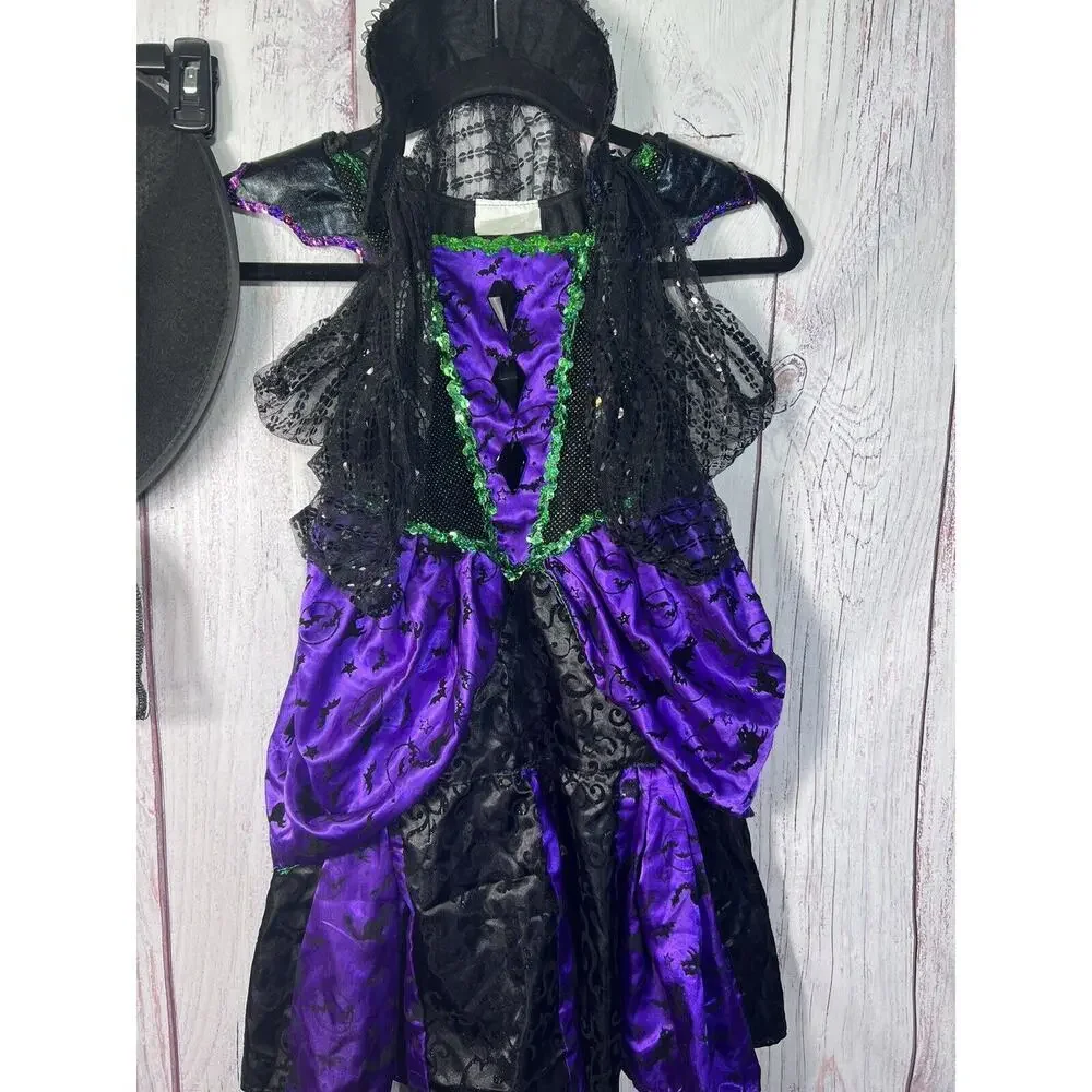 Teetot Girls Witch Dress WITH HAT & BROOM Size S 3-4 Black Purple Sequin Costume